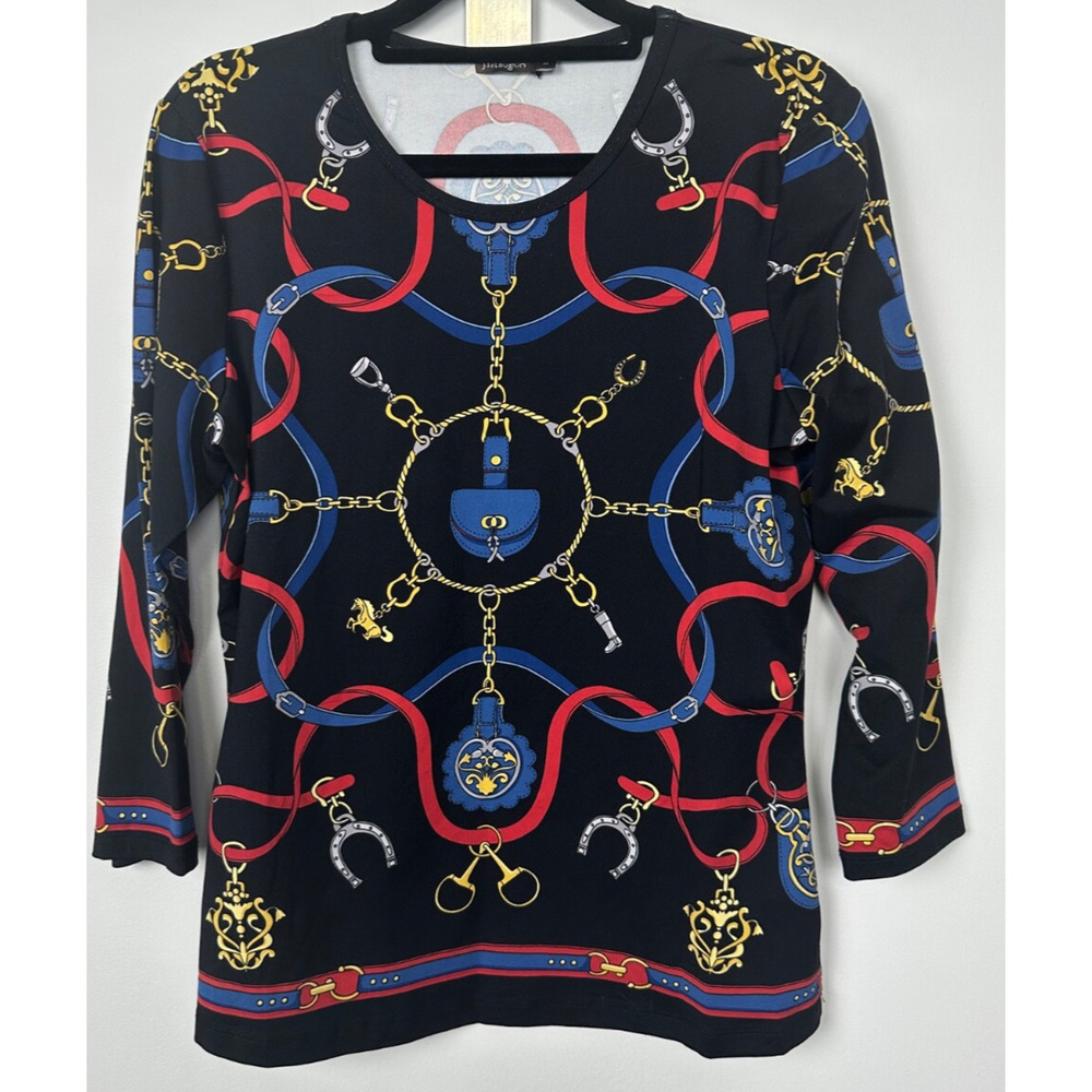 J McLaughlin M Knit Catalina Cloth Navy Gold Red Green Equestrian Print Top D3